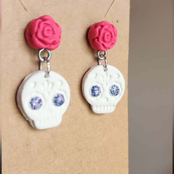 Skull Flower Clay Post Dangle Earrings - Picture 3 of 4
